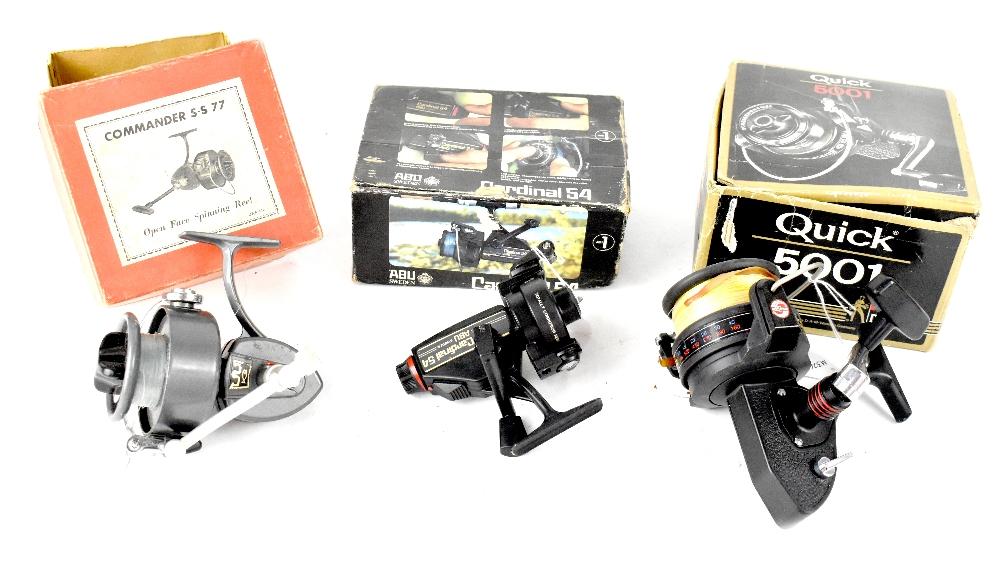 Various spinning reels to include a D.A.M Quick 5001 reel with box and  paperwork, a ABU Cardinal 54 reel with box (af), a vintage Commander S-S 77  open face spinning reel (af), used, boxed (3).