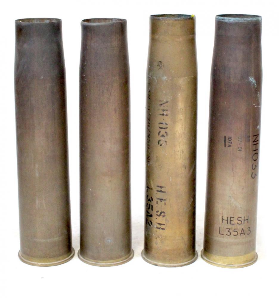 Four modern 105mm brass artillery shell cases, length 61cm