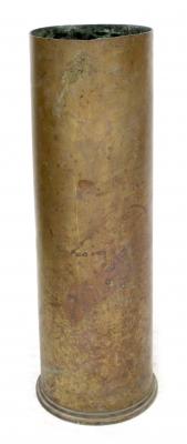 Three brass 105mm artillery shell casings with blue '105mm TK PRAC DS SX  385 GF (Lot 178, 164, 170)', length 61cm.