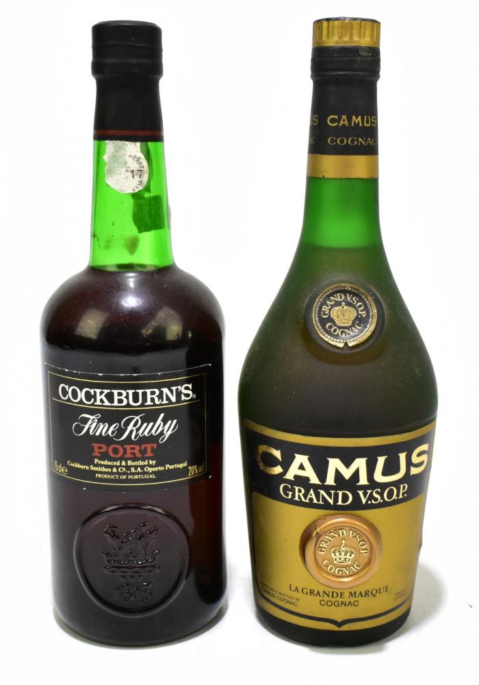 COGNAC; a single bottle of Camus Grand V.S.O.P., also a