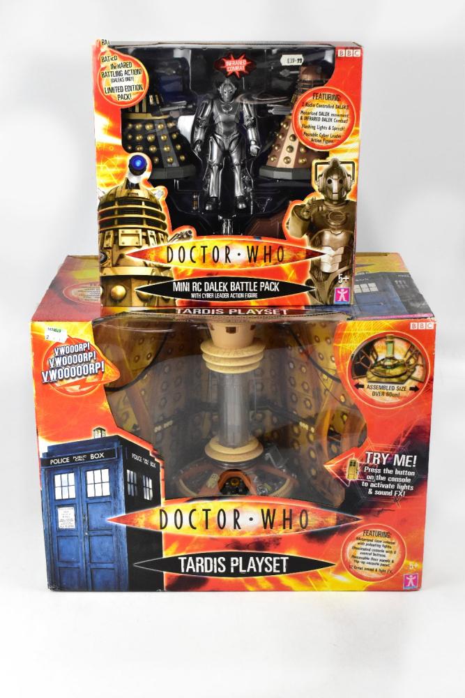 DOCTOR WHO a TARDIS play set in original box with lights and sound effects together with a mini RC Dalek battle pack with Cyber Leader action figure in original box featuring two