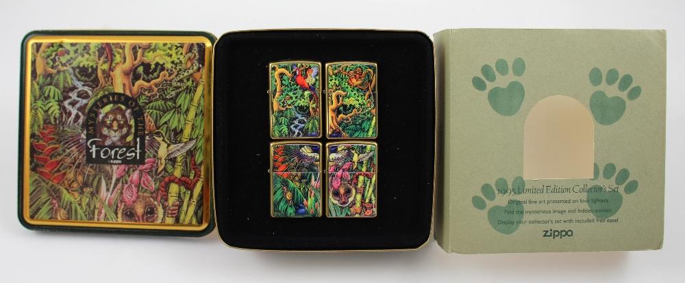 A Zippo 1995 Limited Edition Collectors Set Of Mysteries Of The Forest Lighters Four Lighters Contained In A Collectors Tin Featuring Forest Animals Insects Flora Fauna Etc And A Zippo 1995 Limited