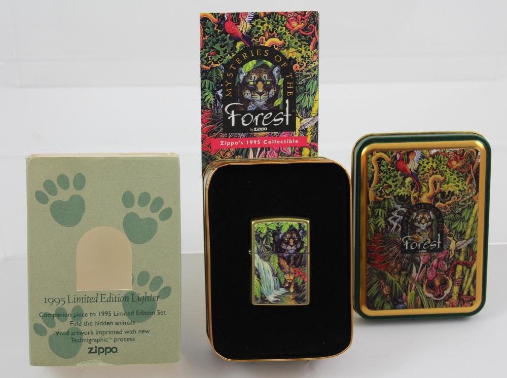 A Zippo 1995 Limited Edition Collectors Set Of Mysteries Of The Forest Lighters Four Lighters Contained In A Collectors Tin Featuring Forest Animals Insects Flora Fauna Etc And A Zippo 1995 Limited