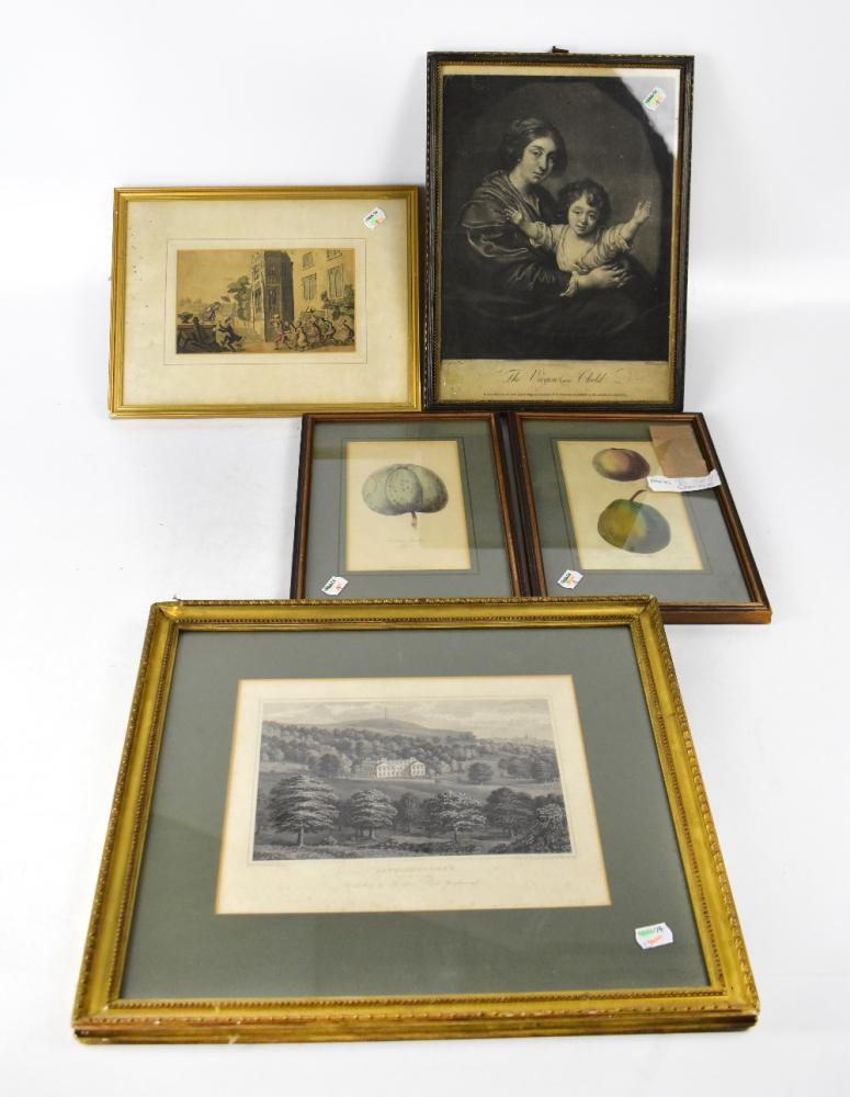 Five various engravings and mezzotints including two hand coloured ...