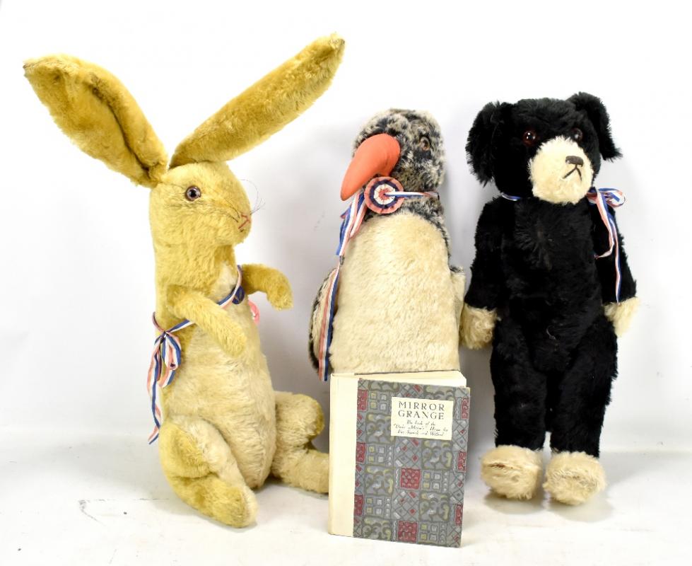 FARNELL; a large and rare early to mid-20th century set of Pip, Squeak and  Wilfred plush toys, each with rare Wilfredian League of Gugnuncs enamel  badges featuring club logo, length of rabbit