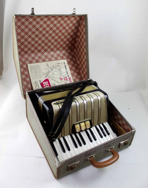 A Hohner Student VM, fortyeight key piano accordion in travel case
